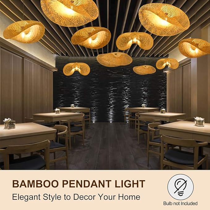 Woven Bamboo Pendant Lighting Fixtures, Bird Nest Lamp Shade Ceiling Hanging Light with Adjustable Cord for Living Room Dining Room Bar Café, Farmhouse Vintage Rustic Décor 22'', No Bulb