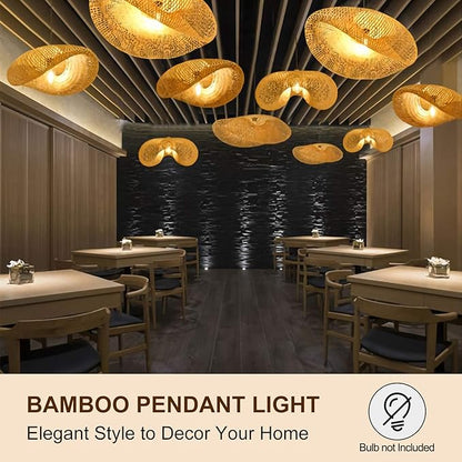Woven Bamboo Pendant Lighting Fixtures, Bird Nest Lamp Shade Ceiling Hanging Light with Adjustable Cord for Living Room Dining Room Bar Café, Farmhouse Vintage Rustic Décor 22'', No Bulb