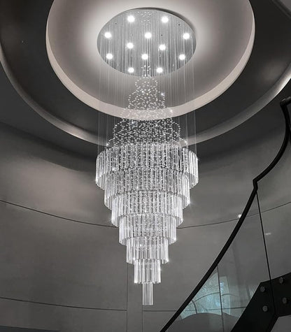 W32 x H120 Glam Chandelier with LED Bulbs Crystal Raindrop High Ceiling Pendant Light for Entrance Large Villa Chandelier Foyer Lighting Fixtures Silver