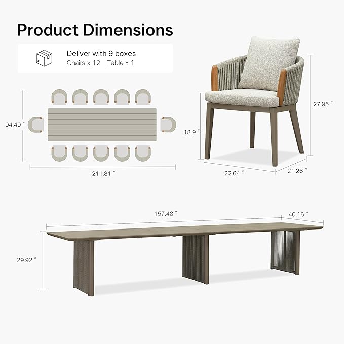 PURPLE LEAF Outdoor Dining Table Set for 12, Aluminum Outdoor Patio Table and Chairs Set with Olefin Cushions, 13 Pieces Patio Furniture Set for Garden or Deck, Beige
