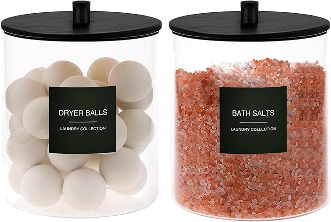 Glass Jars and Acrylic Dryer Sheet Holder, Laundry Pods Container with Bamboo Lid and 27 Labels, Powder Detergent Containers for Laundry Room Organization, Storage Jars Set (3 Pack, Black)