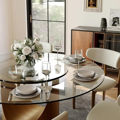 POVISON 59" Round Dining Table for 4-6 with 31" Lasy Susan, Glass Tabletop Dining Table with Bronze Carbon Steel Pedestal, Modern Dining Room Table for Kitchen, Living Room (Table Only)