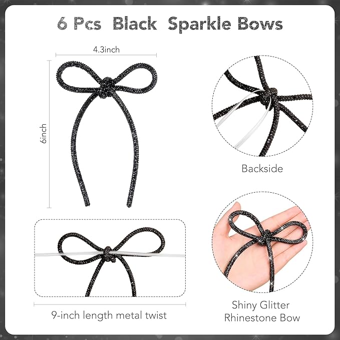 FLAIR GIFTS 6 Pcs 4.3" x 6" 2025 Christmas Bows for Tree Decor, Black Sparkly Glitter Rhinestone Bow Ornaments with Twist Tie for Xmas Decoration, Wreath, Garland, Gift Wrapping