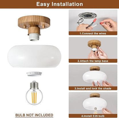 Mid-Century Modern Semi Flush Mount Ceiling Light, Faux Wood Kitchen Ceiling Light Fixture with Glass Shade, Vintage White Close to Ceiling Lamp for Entryway Hallway Bathroom (8.66 Inch)