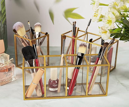 NIUBEE Acrylic Pen Holder 3 Compartments, Gold Pencil Organizer Cup for Countertop Desk Accessory Storage