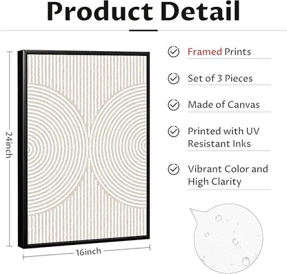 Modern Abstract Pictures Wall Art Boho Neutral Canvas Wall Art Minimalist Line Wall Decor Beige Black Brown Artwork Abstract Modern Painting Prints for Living Room Bedroom 16x24 Inch Framed Set of 3