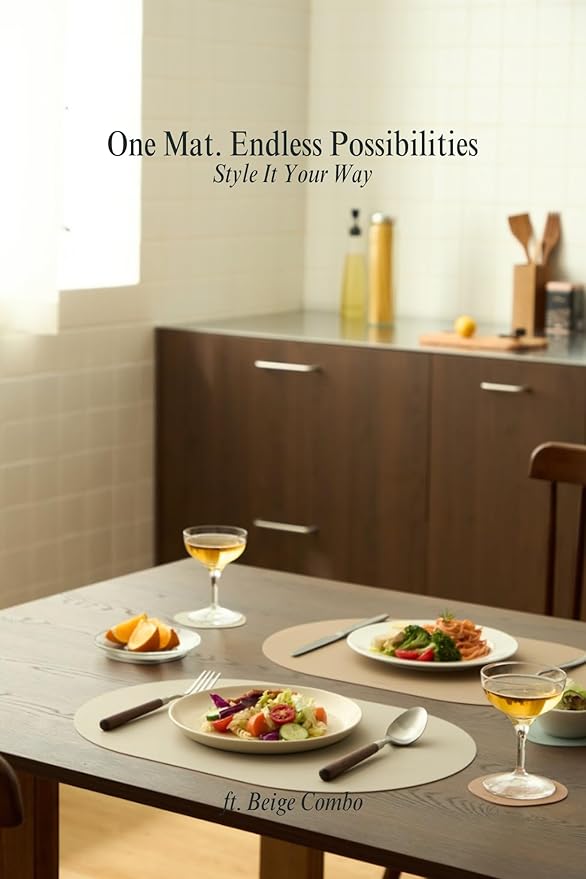 Beige Oval Silicone Placemats Set of 6 – Heat Resistant, Waterproof, Easy to Clean Non-Slip Modern Dining Table Mats – Premium Leather Textured Japandi Kitchen Decor