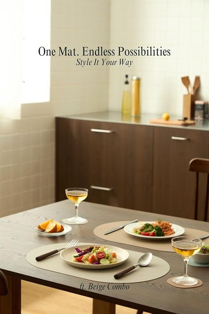 Beige Oval Silicone Placemats Set of 6 – Heat Resistant, Waterproof, Easy to Clean Non-Slip Modern Dining Table Mats – Premium Leather Textured Japandi Kitchen Decor