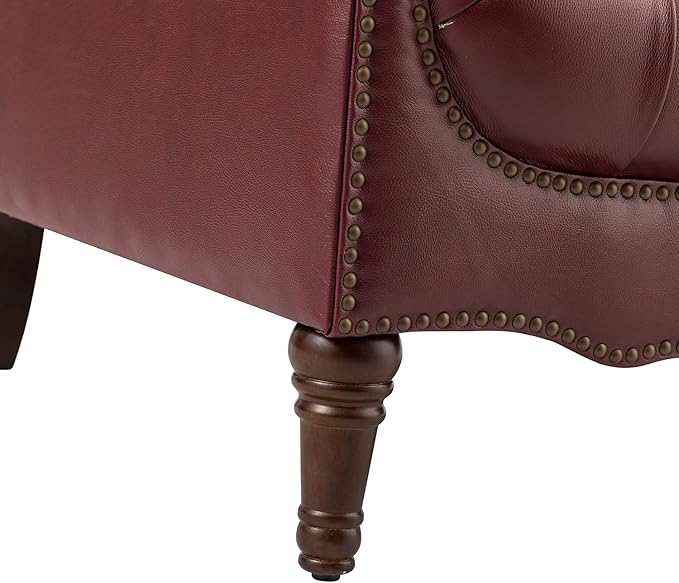 HULALA HOME Mid Century Modern Leather Club Chairs Set of 2, Top-Grain Genuine Leather Armchairs with Button-Tufted Back & Solid Wood Legs, Accent Chairs for Living Room/Bedroom/Home Office, Burgundy