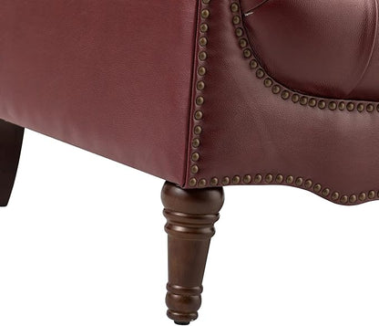 HULALA HOME Mid Century Modern Leather Club Chairs Set of 2, Top-Grain Genuine Leather Armchairs with Button-Tufted Back & Solid Wood Legs, Accent Chairs for Living Room/Bedroom/Home Office, Burgundy