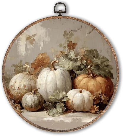 Hxlac Vintage Fall Pumpkin Maple Leaves Round Wall Art Framed, Fall Halloween Pumpkin Round Wall Decor, Vintage Autumn Hanging Canvas Prints Wall Sculptures for Farmhouse Home Decor, 10x10 Inch
