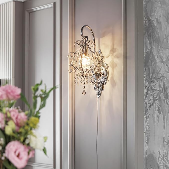 Silver Crystal Vintage Plug in Wall Sconces Set of 2 Indoor Wall Light Fixture, Modern Wall Mount Lamp Light for Bedroom Living Room Bathroom Vanity Light Hallway Light Fixture Decor LED E12