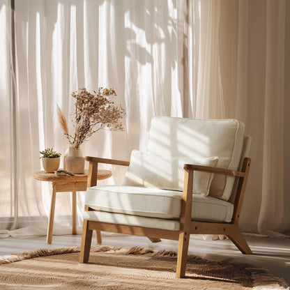 VINGLI Solid Wood Wide Armrests Accent Chair,Upholstered Mid Century Modern Chair with Pillow,Comfy Reading Chair Farmhouse Arm Chair,Chairs Living Room,Bedroom,Guest Room,Teddy Fleece,Khaki