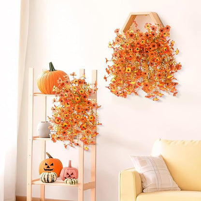 INQCMY Artificial Fall Flowers for Outdoors Realistic Faux Autumn Hanging Plants 2Pcs Fake Mums Fake Flowers for Porch Patio Outdoor Decor Home Decor UV Resistant (Orange Sunset Red)