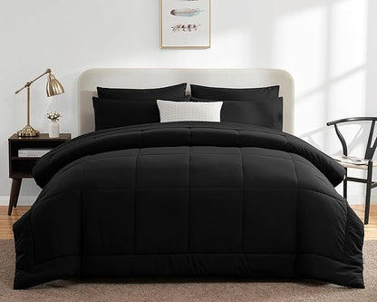 CozyLux Queen Comforter Set Black, 7 Pieces Bed in a Bag, Black Comforter Queen Size, All Season Bedding Sets with Stitch Quilted Comforter, Flat Sheet, Fitted Sheet, Pillowcases