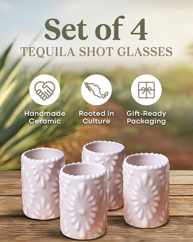 Talavera Shot Glasses 100% Handmade Ceramic Mexican Pottery Design Perfect Gifts for Women & Men, LUSH PINK