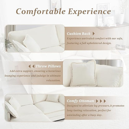 SoarFlash Chenille Sectional Sofa, Comfy L Shaped Modular Coush Sofa with Ottoman, Modern 2 Seat Couch Deep Seat Sofa Set for Living Room,White
