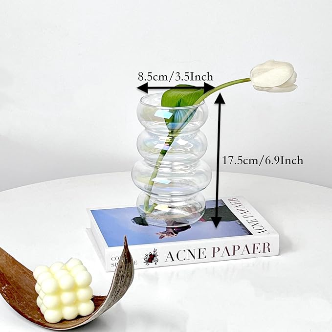 BLOFLO Transparent Glass Hydroponic Flower Vase, 7-Inch Iridescent Clear Glass Vase, Four-Layer Geometric Glass Floral Vase for Home Décor, Modern Bubble Glass Vase for Home Office Wedding Table