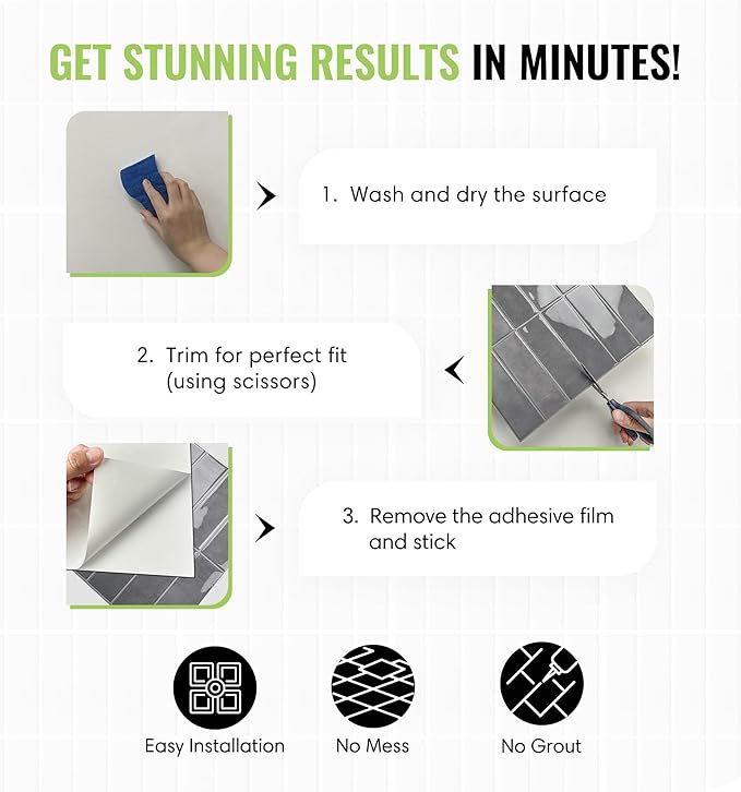 5 Pack Peel and Stick Backsplash Subway Tiles, Extra Thick 3D Wall Panels, Heat & Water Resistant, Easy DIY Kitchen, Bathroom, Laundry, Fireplace & Rental Home Wall Décor (12 x 12 in), Gray