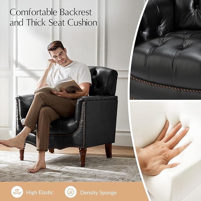 HULALA HOME Mid Century Modern Leather Club Chairs Set of 2, Top-Grain Genuine Leather Armchairs with Button-Tufted Back & Solid Wood Legs, Accent Chairs for Living Room/Bedroom/Home Office, Black