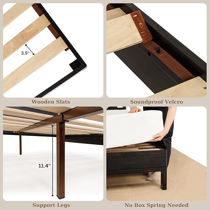 Bme Ethan Queen Bed Frame with Diamond Headboard, Mid-Century Modern, Solid Acacia Wood, No Box Spring Needed, Fits All Mattresses, Rustic Black