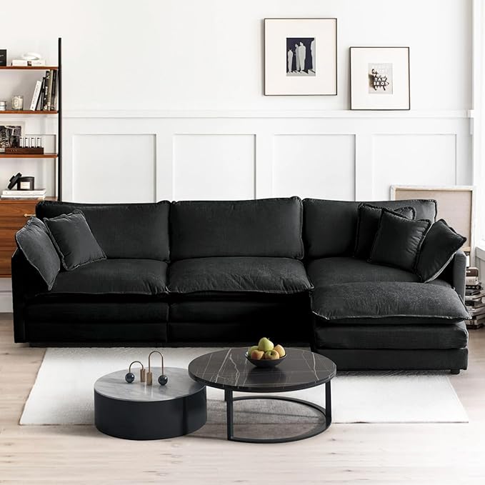 SoarFlash Chenille Sectional Sofa, Comfy L Shaped Modular Coush Sofa with Ottoman, Modern 3 Seat Couch Deep Seat Sofa Set for Living Room,Grey