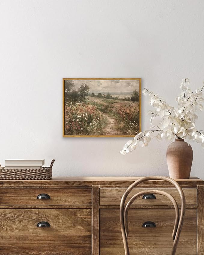 KBKBART Framed Canvas Wall Art for Living Room, Vintage Countryside Wildflower Field Painting Farmhouse Decor, Retro Nature Wilderness Canvas Art Prints for Wall Decor, Rustic Landscape Wall Decor for Bathroom, Bedroom Living Room(8"x10")