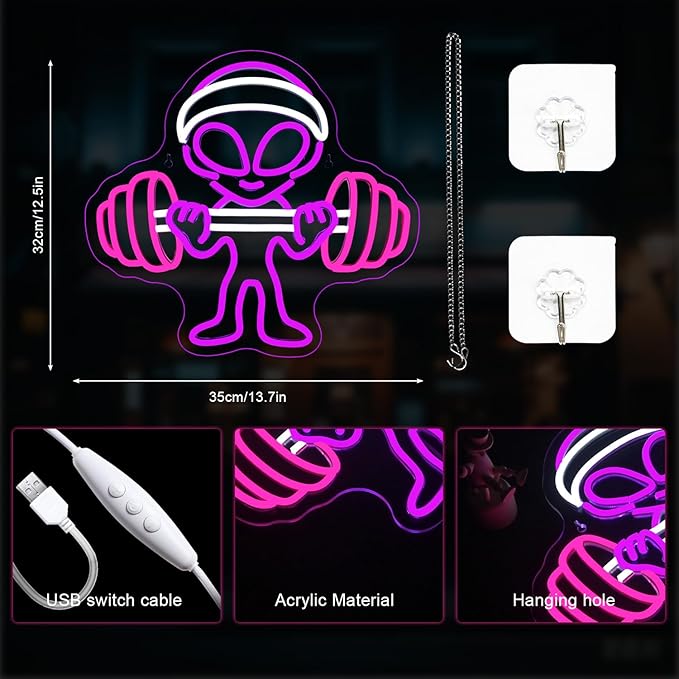 Lucunstar Alien Neon Sign,Dumbbell Gym Led Wall Decor,LED Alien Light,Shop Bar Man Cave,Teen Room,Game Room Decor,Hip Hop Party Neon Signs Wall Decor,Party Bedroom