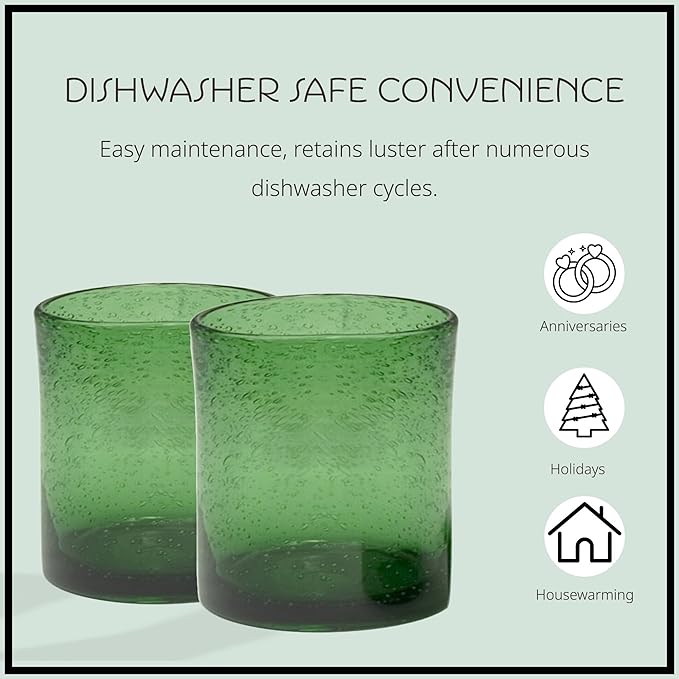 Artland 14oz Double Old Fashion Glass, Set of 4 | Iris Seeded Design, Green | Drinking Glass for Parties and Everyday Use - Mojito, Whiskey, Cocktail | Glassware & Barware Essentials