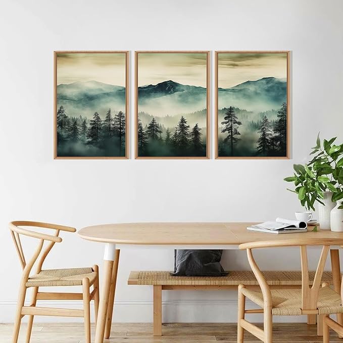 HOURIA Large Boho Mountain Forest Framed Canvas Wall Art Set,Nature Foggy Woodland Wall Decor,Modern Pine Tree Artwork,Watercolor Botanical Art Print for Living Room,Bedroom,Farmhouse- 24"x36"x3