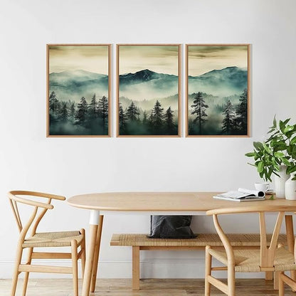 HOURIA Large Boho Mountain Forest Framed Canvas Wall Art Set,Nature Foggy Woodland Wall Decor,Modern Pine Tree Artwork,Watercolor Botanical Art Print for Living Room,Bedroom,Farmhouse- 24"x36"x3
