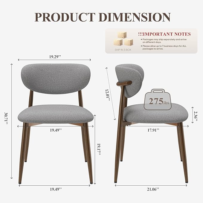 Dining Chairs Set of 6, Upholstered Dining Room Chairs with Metal Legs and Anti Slip Pads, Curved Back Wood Kitchen Chair for Home and Restaurant Use, Light Grey