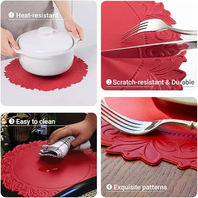 Noctiflorous Round Faux Leather 15 Inch Placemats Set of 4 Waterproof Wipeable Heat Resistant Tablemat for Dining Table Kitchen Non Slip Washable Oilproof Table Place Mat(Holly Red, 4)