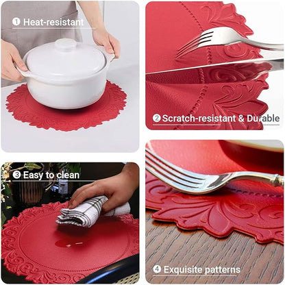 Noctiflorous Round Faux Leather 15 Inch Placemats Set of 4 Waterproof Wipeable Heat Resistant Tablemat for Dining Table Kitchen Non Slip Washable Oilproof Table Place Mat(Holly Red, 4)