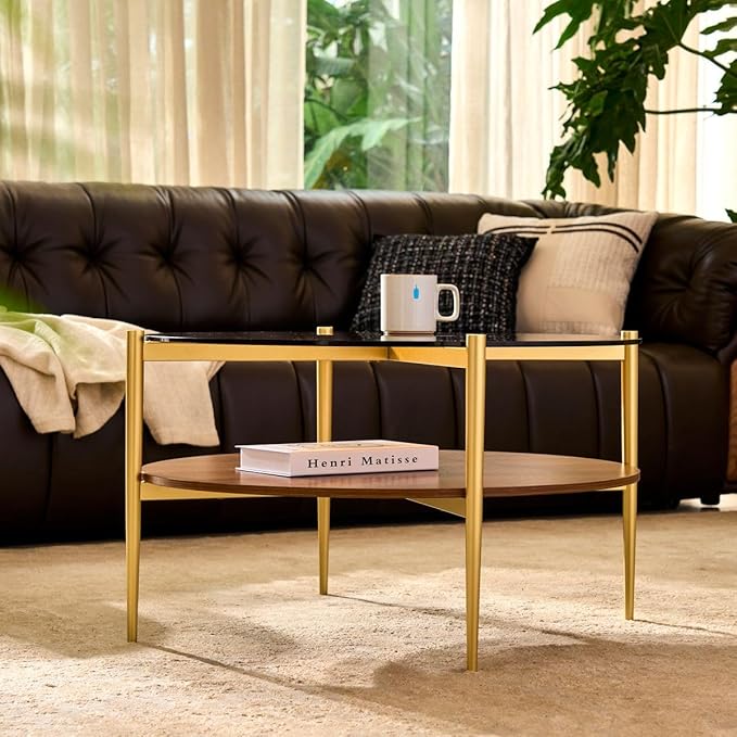 AGV LIGHTING Round Glass Coffee Table, Mid-Century Modern Coffee Table for Living Room, Glod Finish Leg, Coffee Brown Top & Walnut Wood Shelf