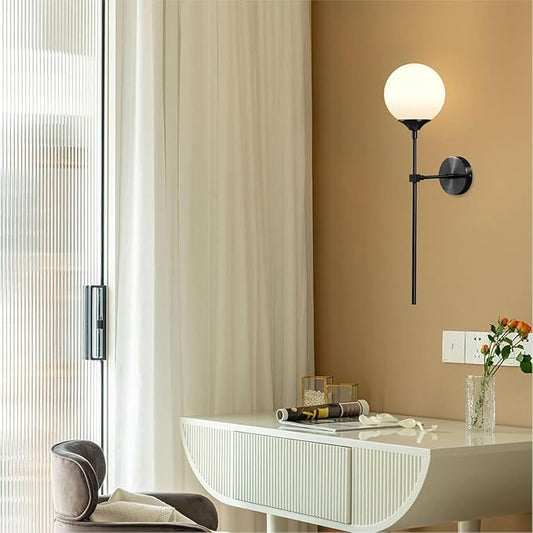 KCO Lighting Mid Century Modern Bathroom Wall Light Minimalist Black Slim Wall Sconces Milk Glass Globe Wall Sconce Industrial Wall Mounted Lamp Long Wall sconces Indoor