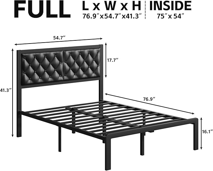 Full Bed Frame with Headboard PU Leather Upholstered Bed Frame Platform,All Metal Slats Support Platform Bed Frame with Storage Space,Easy Assembly,Noise Free,No Box Spring Needed,Black