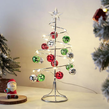 Lewondr Christmas Table Lamp, USB/Battery Powered Spiral Christmas Tree Desk Lamp with Star Topper, Decorative Christmas Tree Light with Red/Green Hanging Bells for Home Bedroom Xmas Party, Red/Green