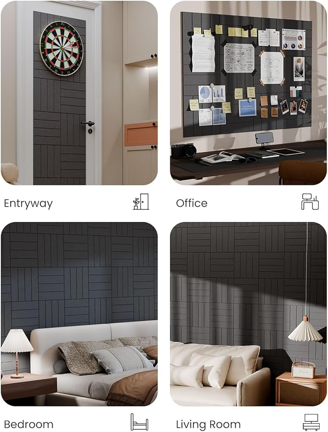 Bumusty Large Cork Board Alternative-47 x35 Felt Bulletin Board Tiles, with 30 Pushpins, 70 Adhesive Tabs, 12-Pack Slat Wall Paneling, Cork Boards for Office Push Pin Board Felt Board-Charcoal Gray