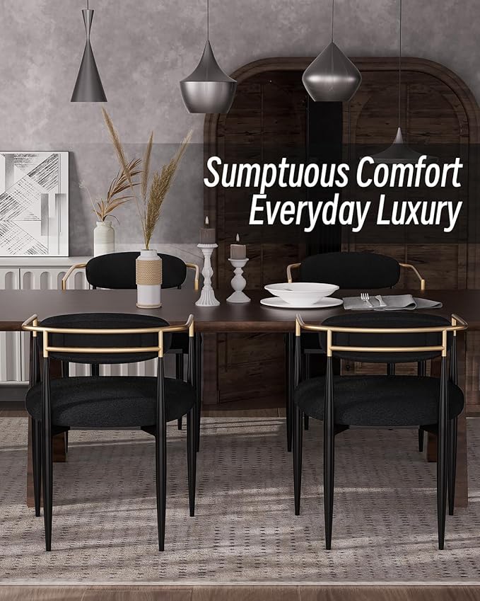 Morden Fort Black Upholstered Dining Chairs Set of 4, Modern Boucle Dining Chairs with Gold Arms and Metal Legs for Kitchen, Living Room, Reception and Restaurant