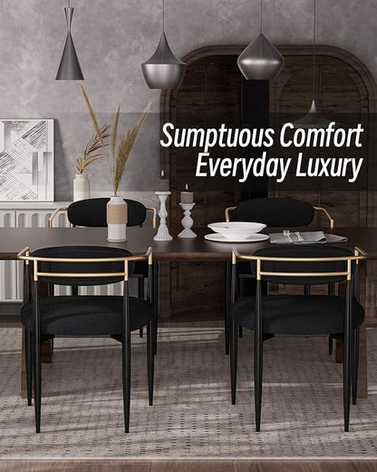 Morden Fort Black Upholstered Dining Chairs Set of 4, Modern Boucle Dining Chairs with Gold Arms and Metal Legs for Kitchen, Living Room, Reception and Restaurant