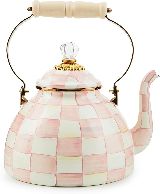 MACKENZIE-CHILDS Enamel Tea Kettle, Stylish Tea Kettle for Stovetop, Pink-and-White Rosy Check, 3 Quarts