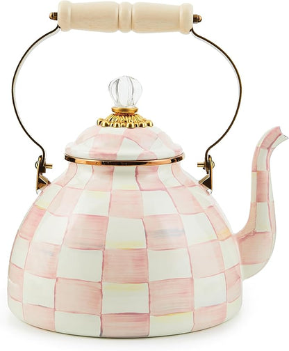 MACKENZIE-CHILDS Enamel Tea Kettle, Stylish Tea Kettle for Stovetop, Pink-and-White Rosy Check, 3 Quarts