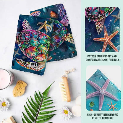 Sea Turtle Kitchen Dish Towels Set of 2 Absorbent Hand Towels 16x24 Farmhouse Starfish Seashells Sea Turtle