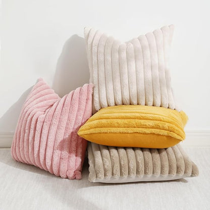 decorUhome Faux Fur Throw Pillow Covers 20x20 Set of 2, Decorative Soft Plush Striped Neutral Euro Pillow Covers with Velvet Back for Bed, Living Room Home Decor, Beige