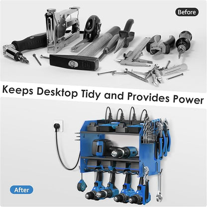 CCCEI Set Power Tool Organizer Wall Mount with Charging Station. Garage 4 Drill Storage Shelf with Hooks, Heavy Duty Metal Tool Battery Charger Organizer. Shop Utility Rack with Power Strip Blue.