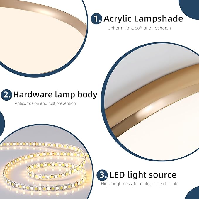 Dimmable LED Flush Mount Ceiling Light, 19inch Gold Bedroom Ceiling Lamp, Ultra-Slim, 40W, 3000K-6000K Adjustable, Modern Kitchen Lighting Fixture for Living Room, Bathroom, Office, Study