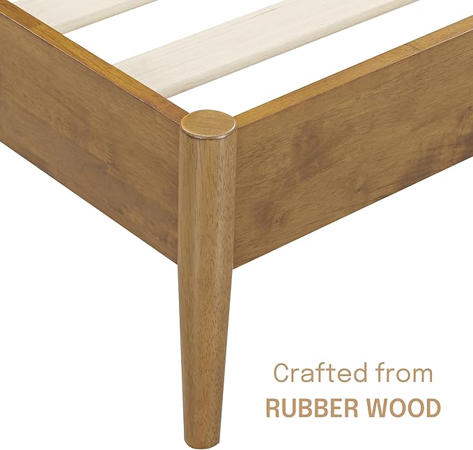 NTC Lupin Wooden Bed Frame with Headboard, Solid Oak and Rubber Wood Foundation with Silent Slats and Wood Central Supports, 1000 Lb Capacity, King - Teak Look