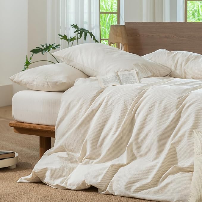 MooMee Striped Duvet Cover Set 100% Washed Cotton Linen Like Textured Breathable Durable Soft Comfy (Almond Milk Grey Pinstripes, Full 80"x90")