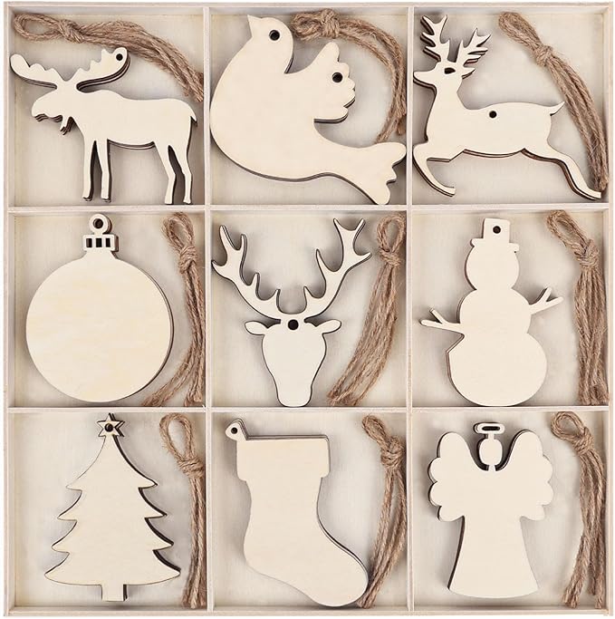MACTING 45PCS Wooden Christmas Ornaments Unfinished Predrilled Natural Wood Slices DIY Blank Hanging Ornaments Kit for Crafts Centerpieces Christmas Tree Decorations, 9 Styles